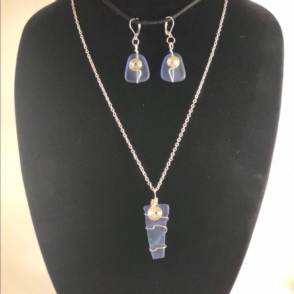 Blue sea glass necklace and earrings